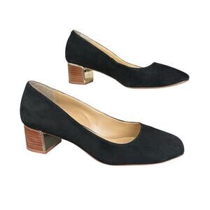 Talbots Claire Black Suede Pumps Size 8M Gold Tone Heel Detail Square Toe Shoes